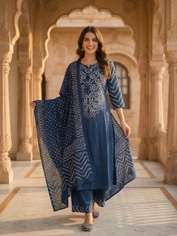 FASHOR - Women Navy Blue Bandhani Printed Kurta with Pant and Dupatta