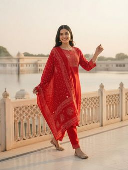 FASHOR - Women Red Bandhani Printed Kurta with Pant and Dupatta