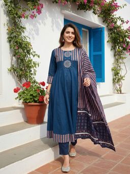 FASHOR - Women Navy Blue Printed Beads Work Anarkali Kurta with Pant and Dupatta