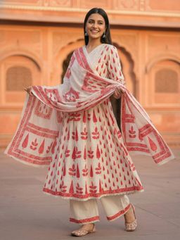 FASHOR - Women Off White-Red Printed Anarkali Kurta with Pant and Dupatta