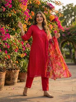 FASHOR - Women Maroon Floral Printed Kurta with Pant and Dupatta