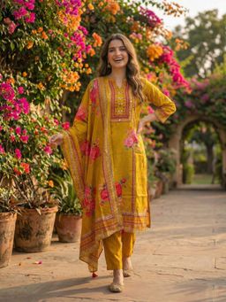 FASHOR - Women Mustard Floral Printed Kurta with Pant and Dupatta