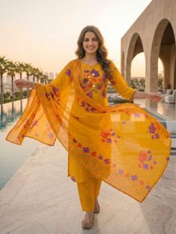FASHOR - Women Yellow Floral Mirror Work Kurta with Pant and Dupatta