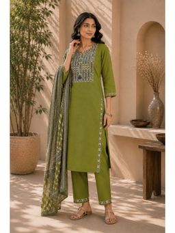 Vastramyaa - Women Green Printed Beads Work Kurta with Pant and Dupatta