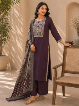 Vastramyaa - Women Purple Printed Beads Work Kurta with Pant and Dupatta