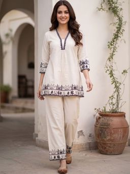 Kedar Fab - Women Off White Embroidered Thread Work Co-Ord Set