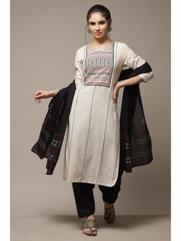 Biba - Black Cotton Unstitched Suit (Set of 3)