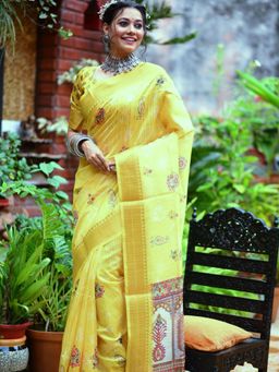 Odette - Yellow Tussar Silk Blend Saree with Unstitched Blouse