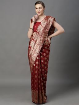 Akhilam - Womens Cotton Silk Maroon Woven Design Saree with Unstitched Blouse