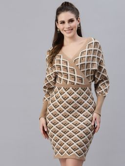 Mafadeny - Women Self Design Long Sleeves V-Neck Viscose Khaki Knee length Winter Dress