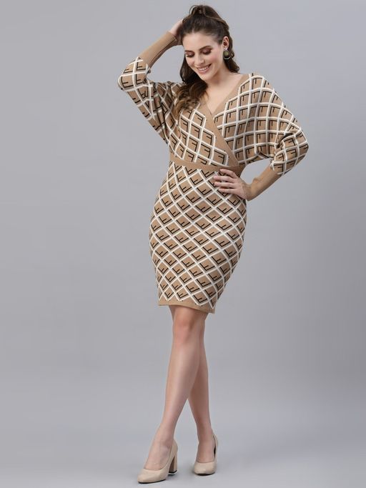 khaki winter dress V Neck Button Detailed Zippered Khaki Winter Dress 4740