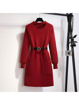 MISS MOSA BY AKANKSHA - Hyacinth Red Knitted Midi Dress with Belt (Set of 2)