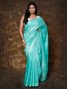 Teejh - Kaya Turquoise Linen Saree with Unstitched Blouse