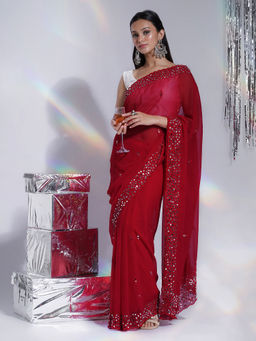Teejh - Amraya Red Georgette Mirror Work Saree with Unstitched Blouse