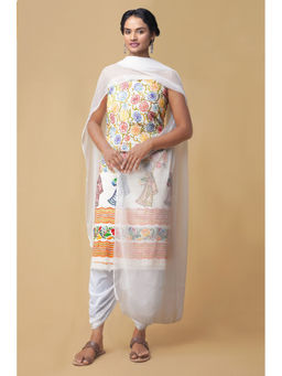 Unnati Silks - Unstitched White Pure Handwoven Phulkari Cotton Salwar Kameez (Set of 3)