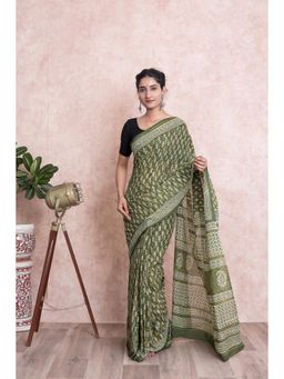 KISHORI - Women Discharge Print Booti Cotton Mulmul Saree with Unstitched Blouse - Green