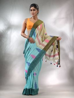 CHARUKRITI - Sky Blue Cotton Handspun Handwoven Saree with Thread Work & Unstitched Blouse