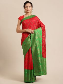 Banarasi Silk Works - Dupion Woven Saree Red with Unstitched Blouse