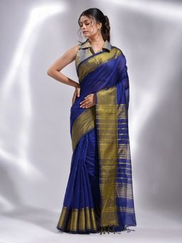 CHARUKRITI - Royal Blue Blended Cotton Handwoven Soft Temple Border Saree with Unstitched Blouse