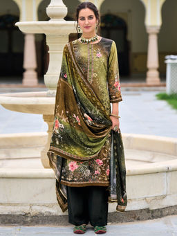 Stylee LIFESTYLE - Olive Pure Crepe Floral Digital Printed Unstitched Dress Material (Set of 3)