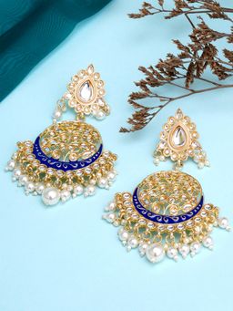 Karatcart - Gold Plated Handcrafted Blue Meena and Pearl Long Dangler Earrings for Women