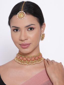 Gahan - Pink Pearls Beads Kundan Stones Gold Plated Choker Set With Maangtikka