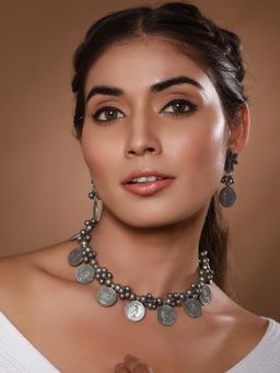 Gahan - Oxidized Silver-Plated Coin & Beaded Jewellery Set