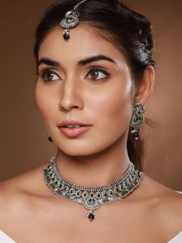 Gahan - Silver Plated & Black Stone Studded & Beaded Choker and Earring With Maangtikka