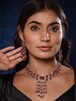 Gahan - Rhodium-Plated Ruby Red American Diamond Studded Handcrafted Jewellery Set