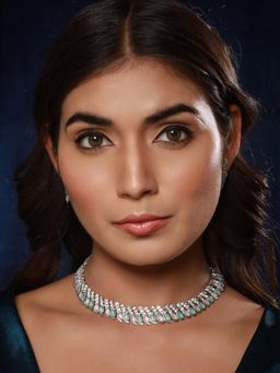 Gahan - Silver-Plated Mint Green & Pink Stone & Cz Studded Jewellery Set