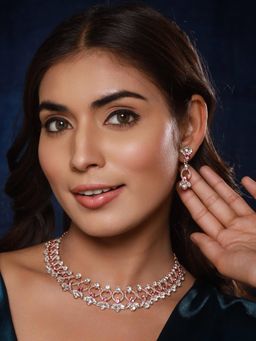 Gahan - Rose Gold-Plated Red & White Cz-Studded Jewellery Set