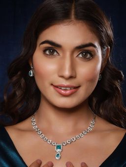 Gahan - Rhodium-Plated Green Stone & Cz Studded Jewellery Set