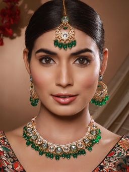 Gahan - Gold-Plated Green & White Kundan-Studded Handcrafted Jewellery Set With Maangtikka