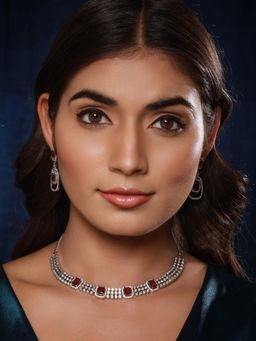 Gahan - Silver Plated Red American Diamond Studded Handcrafted Jewellery Set