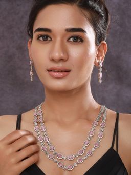 Gahan - Jazz And Sizzle Rhodium-Plated PINK Ad-Studded Layered Jewellery Set