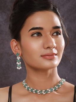 Gahan - Rhodium -Plated Mint Green American Diamond Studded Handcrafted Jewellery Set