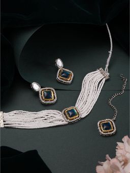 Gahan - Gold-Plated Aqua Blue Austrian Diamond Studded & Beaded Jewellery Set