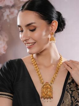 Gahan - 22K Gold Plated Golden Beads & Pearl Drops Radha Krishna Temple Jewellery Set