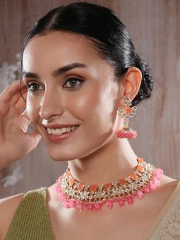 Gahan - Gold-Plated Peach Pink Kundan-Studded & Beaded Necklace & Earrings Set
