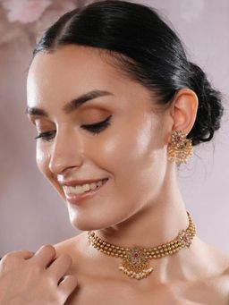 Gahan - Gold-Plated Kundan-Studded & Ruby Red Pearls Beaded Necklace & Earrings Set