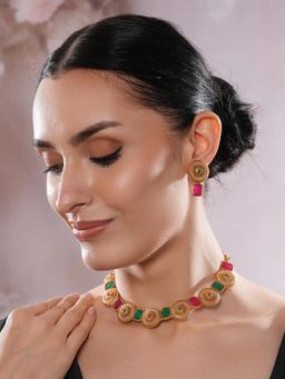 Gahan - Jazz And Sizzle Gold-Plated Kundan-Studded Ruby & Studded Necklace & Earrings Set