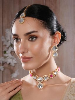Gahan - Jazz And Sizzle Gold-Plated Red & White Stone Studded Jewellery Set With Manngtikka