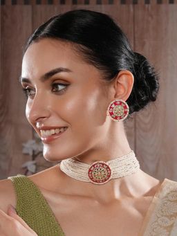 Gahan - Jazz And Sizzle Gold-Plated Green & Pink Meenakari Work Floral Multi Strand Jewellery Set