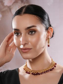 Gahan - Jazz And Sizzle Gold-Plated Kundan-Studded Ruby & Marron Stone Necklace & Earrings Set