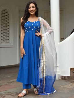 Lavanya The Label - Blue Cotton Embroidered Anarkali (Set of 3)