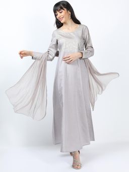 VISHUDH - Women Silver Woven Maxi Dress with Dupatta (Set of 2)