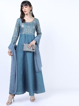 VISHUDH - Women Teal Woven Maxi Dress with Dupatta (Set of 2)