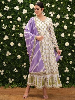 VISHUDH - Women Purple Floral Maxi Dress with Dupatta (Set of 2)