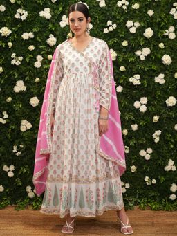 VISHUDH - Women Pink Floral Maxi Dress with Dupatta (Set of 2)