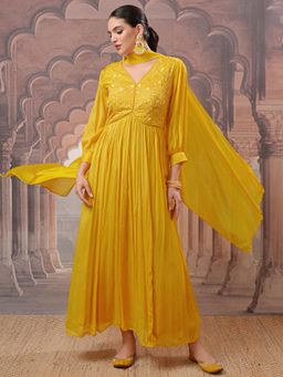 VISHUDH - Women Mustard Embroidered Maxi Dress with Dupatta (Set of 2)